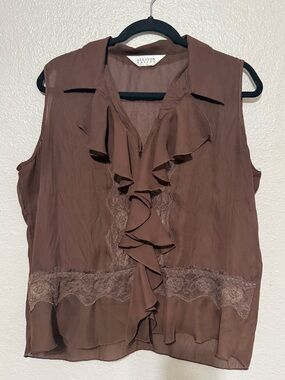 VTG Allison Taylor Brown Ruffle Lace Sleeveless Blouse